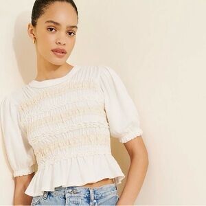 FREE PEOPLE MAXEY LACE ROMANTIC SMOCKED IVORY PUFF SLEEVE PEPLUM Knit TOP M